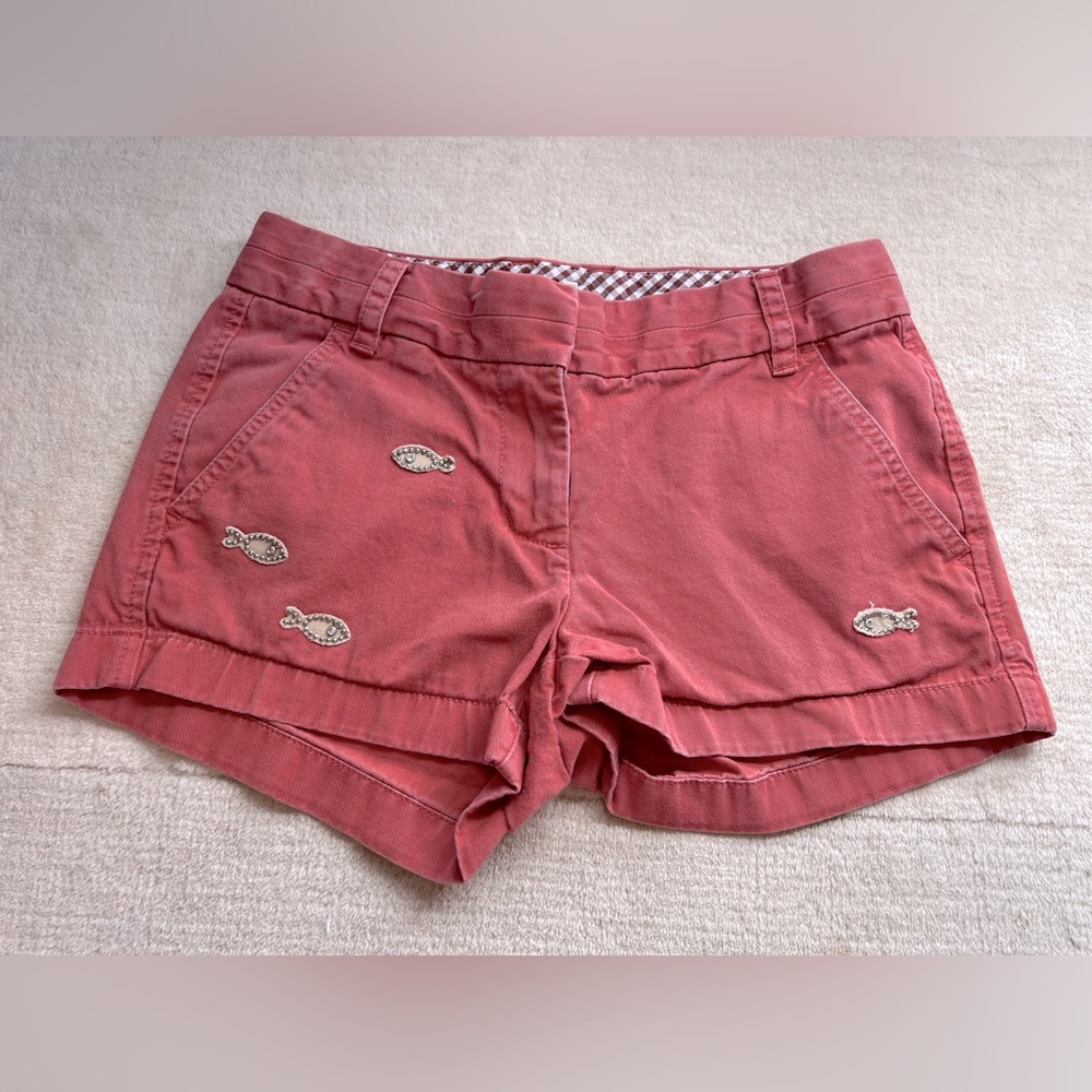 Jcrew shorts washed red copper color with fish appliqué size 0
